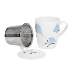 Porcelánový hrnek s nerez. sítkem a pokličkou - Ptáčci, 350 ml