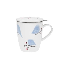 Porcelánový hrnek s nerez. sítkem a pokličkou - Ptáčci, 350 ml